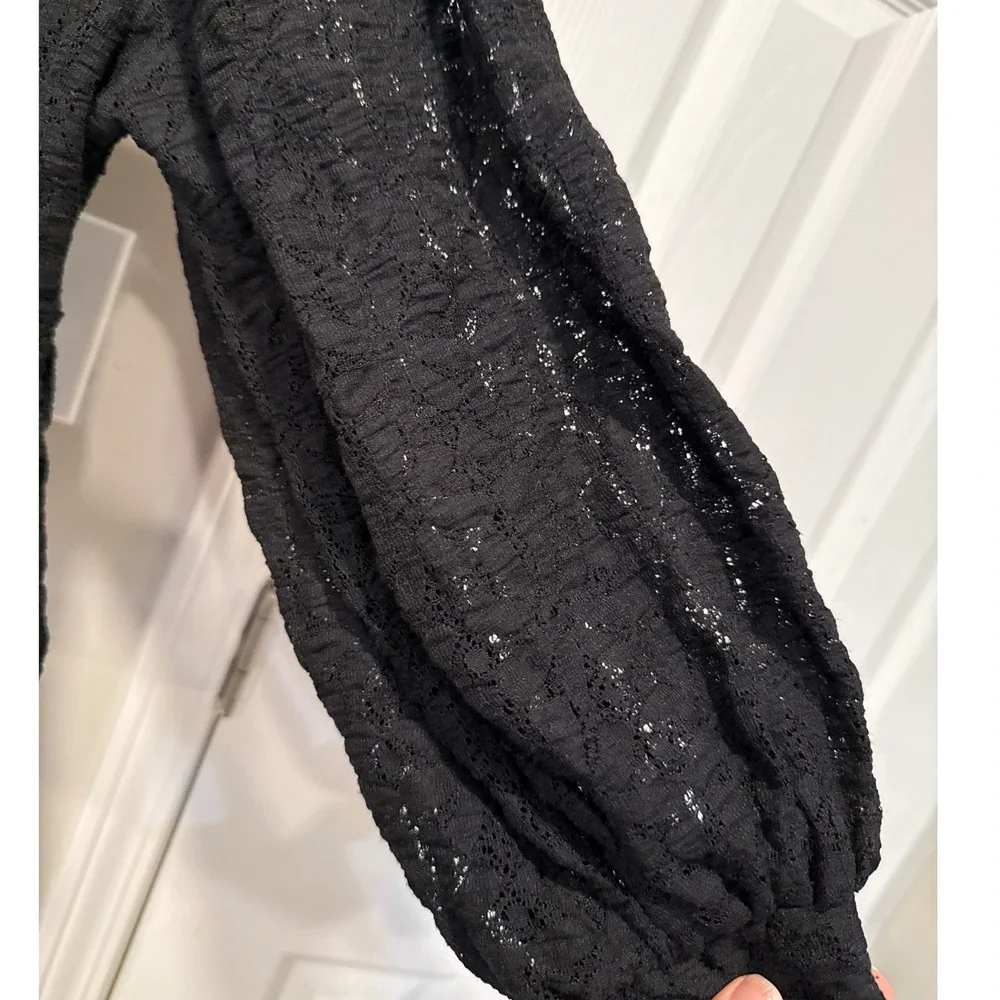Free People Tea Time Lace Top Crop Balloon Sleeve M Black Open Back Textured